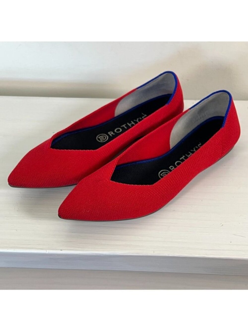 Rothys The Pointe II Red Knit Ballet Flats Blue Trim Womens Sz 8W Preppy Office